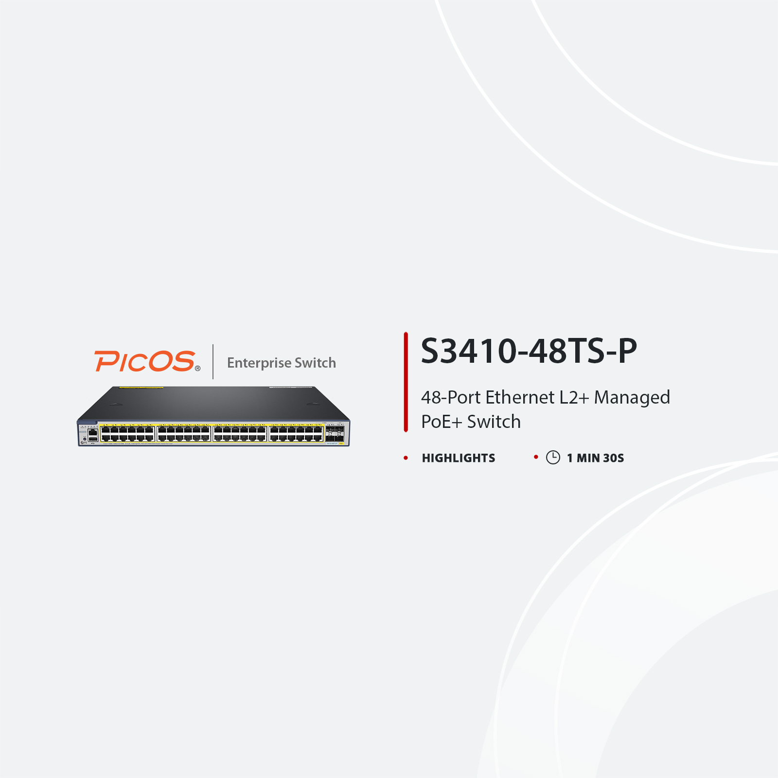 S3410-48TS-P、48ポート ギガビットイーサネットL2+ PoE+スイッチ(48x PoE+ポート@740W、2x 10Gb SFP+アップリンク付き and 2x コンボSFPポート、PicOS®、MLAG対応、Broadcomチップ) この写真はS3410-48TS-Pに関するものです。