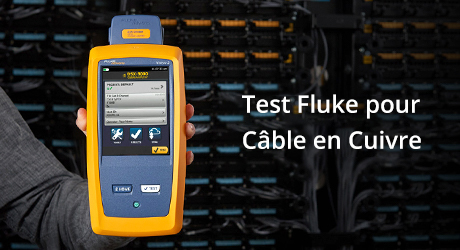 The image shows a person is carrying out a fluke test on a copper cable with a testing instrument.