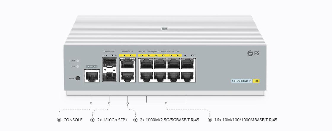 S3100-8TMS-P, 8-Port Gigabit Ethernet L2+ PoE+ Switch, 8 x PoE+ Ports@125W, 2 x 5Gb RJ45, with 2 x 10Gb SFP+ Uplinks, Broadcom Chip, Fanless