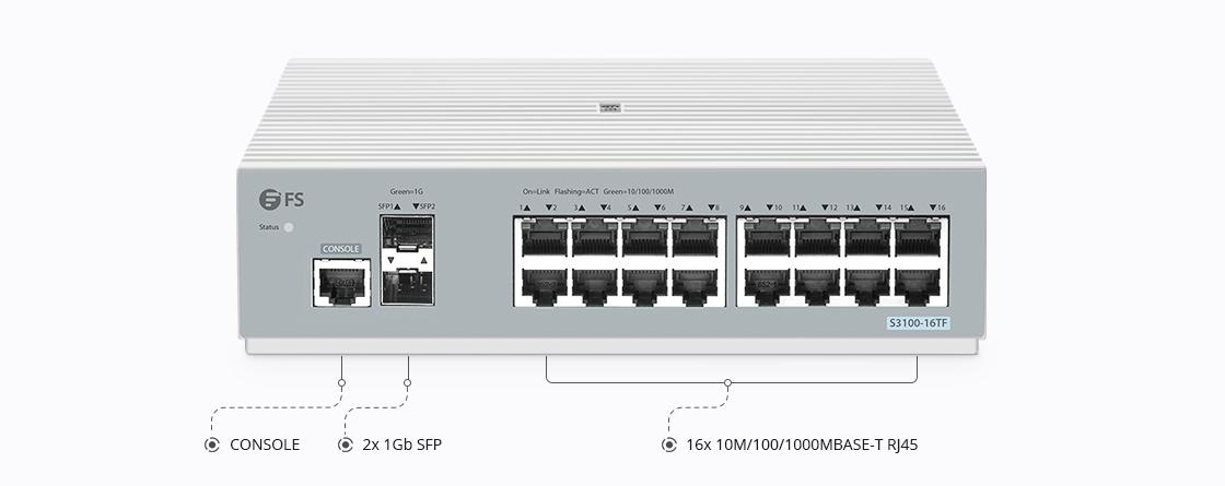 S3100-16TF, 16-Port Gigabit Ethernet L2+ Switch, 16 x Gigabit RJ45, with 2 x 1Gb SFP Uplinks, Broadcom Chip, Fanless