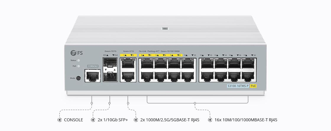 S3100-16TMS-P, 16-Port Gigabit Ethernet L2+ PoE+ Switch, 8 x PoE+ Ports@125W, 2 x 5Gb RJ45, with 2 x 10Gb SFP+ Uplinks, Broadcom Chip, Fanless