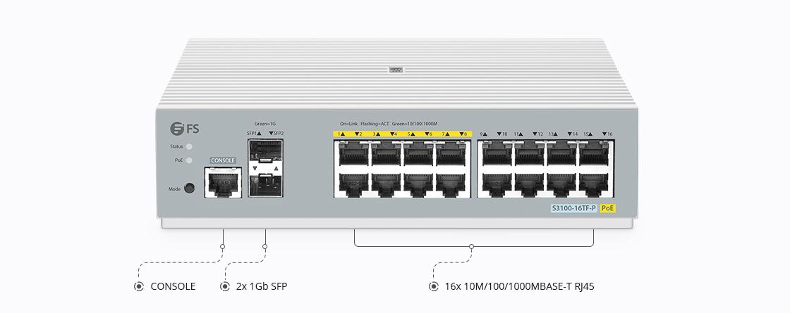 S3100-16TF-P, 16-Port Gigabit Ethernet L2+ PoE+ Switch, 8 x PoE+ Ports@125W, with 2 x 1Gb SFP Uplinks, Broadcom Chip, Fanless