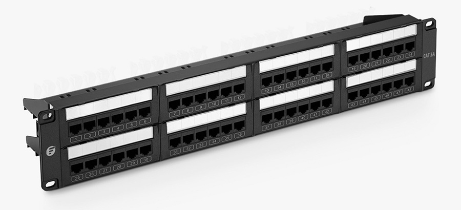 Cat6a 110-Style Patch Panel, 48-Port, 2RU, Cable Management Bar