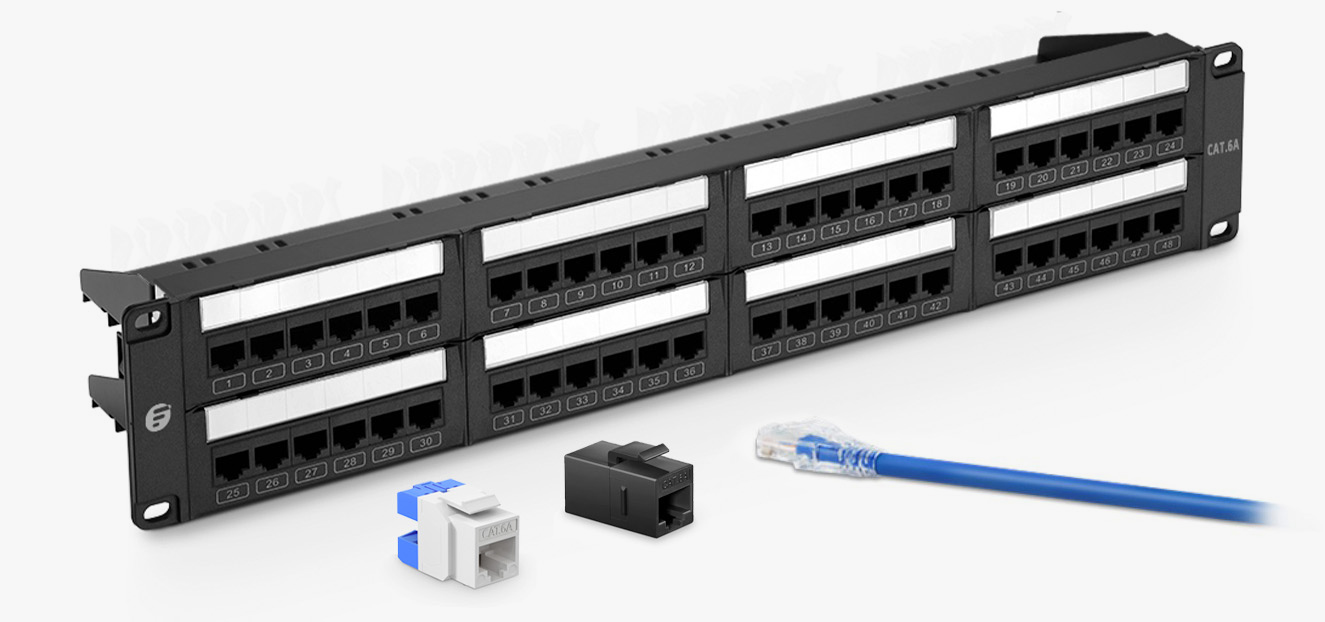 Cat6a 110-Style Patch Panel, 48-Port, 2RU, Cable Management Bar