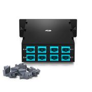 FHD® 8 x MTP®-8 Mesh Cassette, 64 Fibers OM4 Multimode, Universal, 8 x 8F MTP® to 8 x 8F MTP® (Aqua), 0.35dB Max. This picture is about FHD-8MTPMESHOM4.