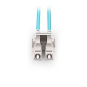 2m (7ft) Fiber Patch Cable, 2 Fibers, Short Boot, LC UPC Duplex to LC UPC Duplex, Multimode (OM3), Riser (OFNR), 2.0mm, Tight-Buffered, Aqua This picture is about OM3LCSDX.