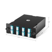 FHD™ MTP®-LCカセット、OM4マルチモード、ユニバーサル、16芯、2 x MTP®-8(オス)- 8 x LCデュプレックス(アクア)、最大0.35dB この写真はFHD-2MTP8LCDOM4Uに関するものです。