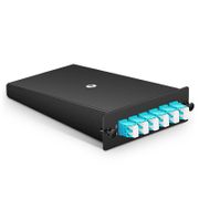 FHD® LC Splice Cassette with Pigtails, 12 Fibers OM4 Multimode, 6 x LC UPC Duplex (Aqua), 0.3dB Max. This picture is about .