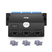 FHD™ MTP®-LCカセット、OS2シングルモード、タイプA、36芯、3 x MTP®-12 (オス) - 18 x シャッター付きLCデュプレックス(ブルー)、最大0.35dB この写真はFHD-3MTP18LCDOS2Aに関するものです。