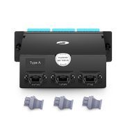 FHD™ MTP®-LCカセット、OM4マルチモード、タイプA、36芯、3 x MTP®-12 (オス) - 18 x シャッター付きLCデュプレックス(アクア)、最大0.35dB この写真はFHD-3MTP18LCDOM4Aに関するものです。