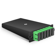 This picture is about FHD® SC Splice Cassette with Pigtails, 12 Fibers OS2 Single Mode, 6 x SC APC Duplex (Green), 0.3dB Max..