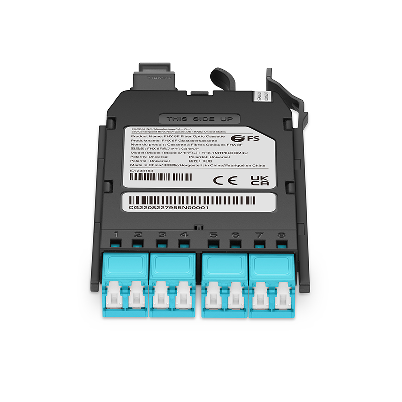 FHX&reg; MTP&reg;-LC Cassette, OM4 Multimode, Universal, 8 Fibers, MTP&reg;-8 (Male) to 4 x Shuttered LC Duplex (Aqua), 0.35dB Max.
