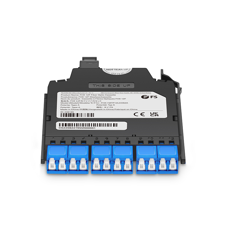 FHX&reg; MTP&reg;-LC Cassette, OS2 Single Mode, Type A, 12 Fibers, MTP&reg;-12 (Male) to 6 x Shuttered LC Duplex (Blue), 0.35dB Max.