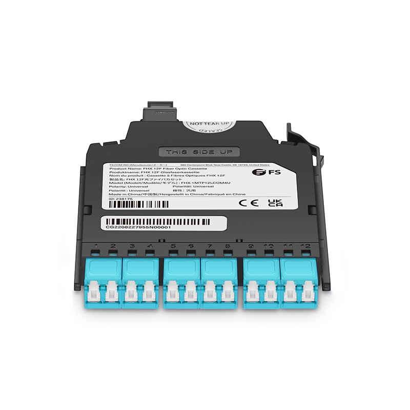 FHX&reg; MTP&reg;-LC Cassette, OM4 Multimode, Universal, 12 Fibers, MTP&reg;-12 (Male) to 6 x Shuttered LC Duplex (Aqua), 0.35dB Max.