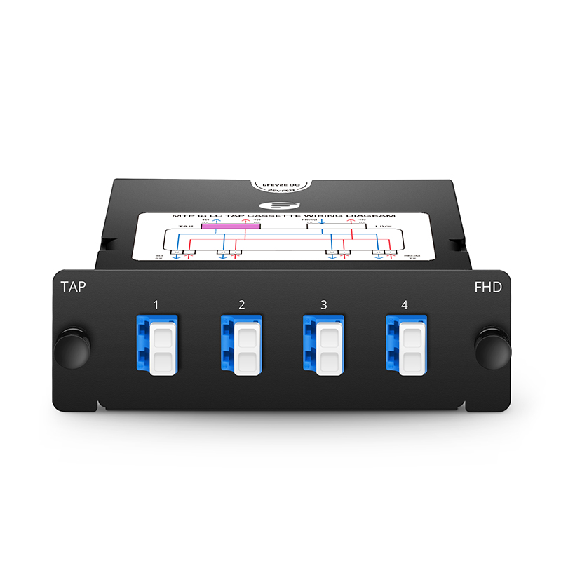 FHD® MTP®-LC TAP Cassette, 4 x LC Duplex Live Ports, MTP®-8 Male Live Port, MTP®-8 Male TAP Port