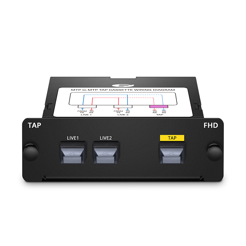 FHD&reg; MTP&reg; TAP Cassette, OS2 Single Mode, 2 x MTP&reg;-8 Male Live Ports, MTP&reg;-8 Male TAP Port, 50/50 Split Ratio (Live/TAP), 40/100G