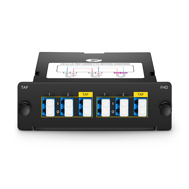 FHD&reg; LC TAP Cassette, OS2 Single Mode, 4 x LC Duplex Live Ports, 2 x LC Duplex TAP Ports, 50/50 Split Ratio (Live/TAP), 1/10/40/100G
