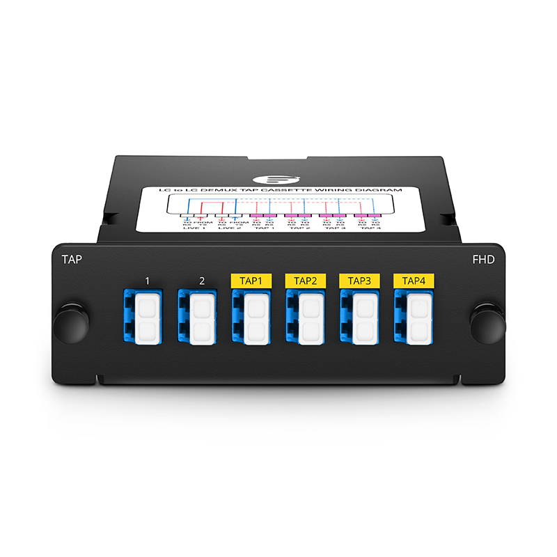 FHD&reg; Demux LC TAP Cassette, OS2 Single Mode, 2 x LC Duplex Live Ports, 4 x LC Duplex TAP Ports, 50/50 Split Ratio (Live/TAP), 1/10/40/100G