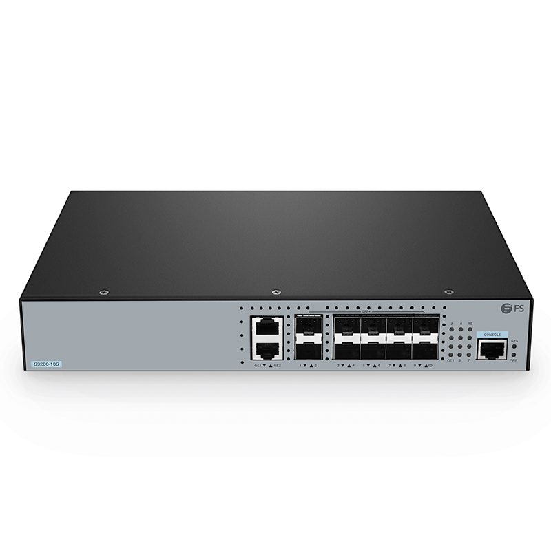 S3260-10S, 10-Port Ethernet L3 Managed Switch, 10 x 10Gb SFP+, with 2 x Gigabit RJ45, Support Stacking This picture is about S3260-10S端口图,微俯视.