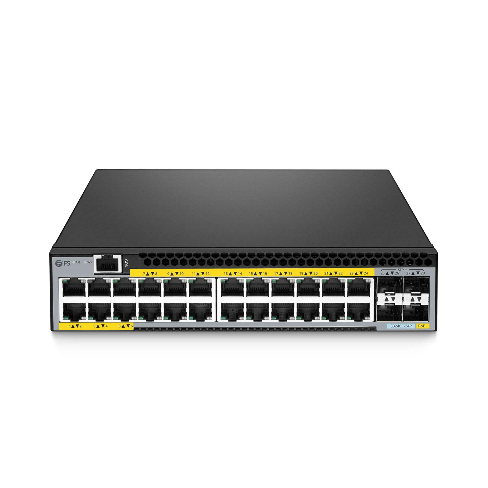 S3240C-24P, 24 Porte Gigabit Ethernet L2+ PoE+ Switch, 24 x PoE+ Porte@380W, con 4 x 10Gb SFP+ Uplink Questa immagine riguarda /.