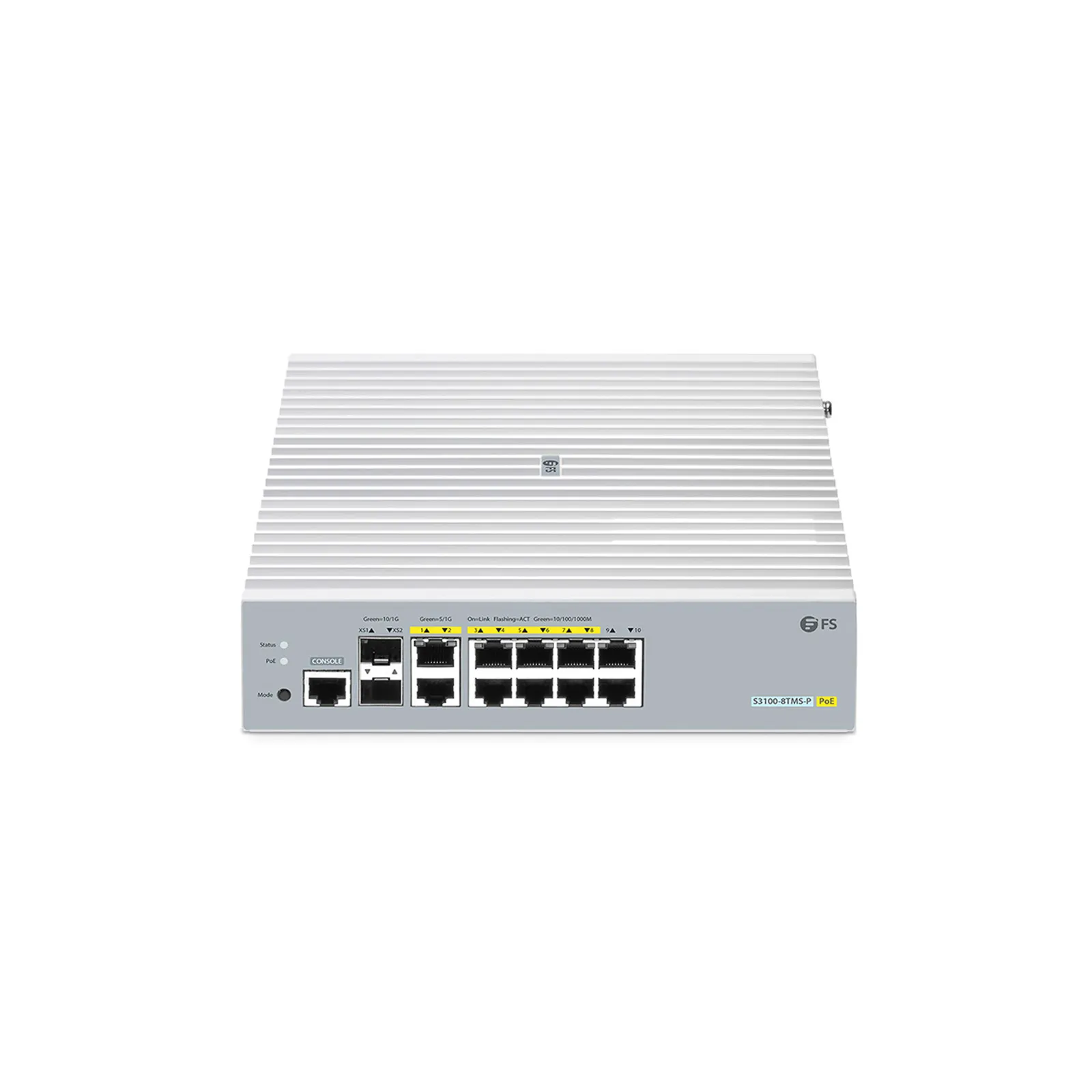 S3100-8TMS-P, 8-Port Gigabit Ethernet L2+ PoE+ Switch, 6 x PoE+ Ports, 2 x 5Gb PoE+ Ports@125W, 2 x 1Gb RJ45, with 2 x 10Gb SFP+ Uplinks, Broadcom Chip, Fanless<br/> This picture is about 1.