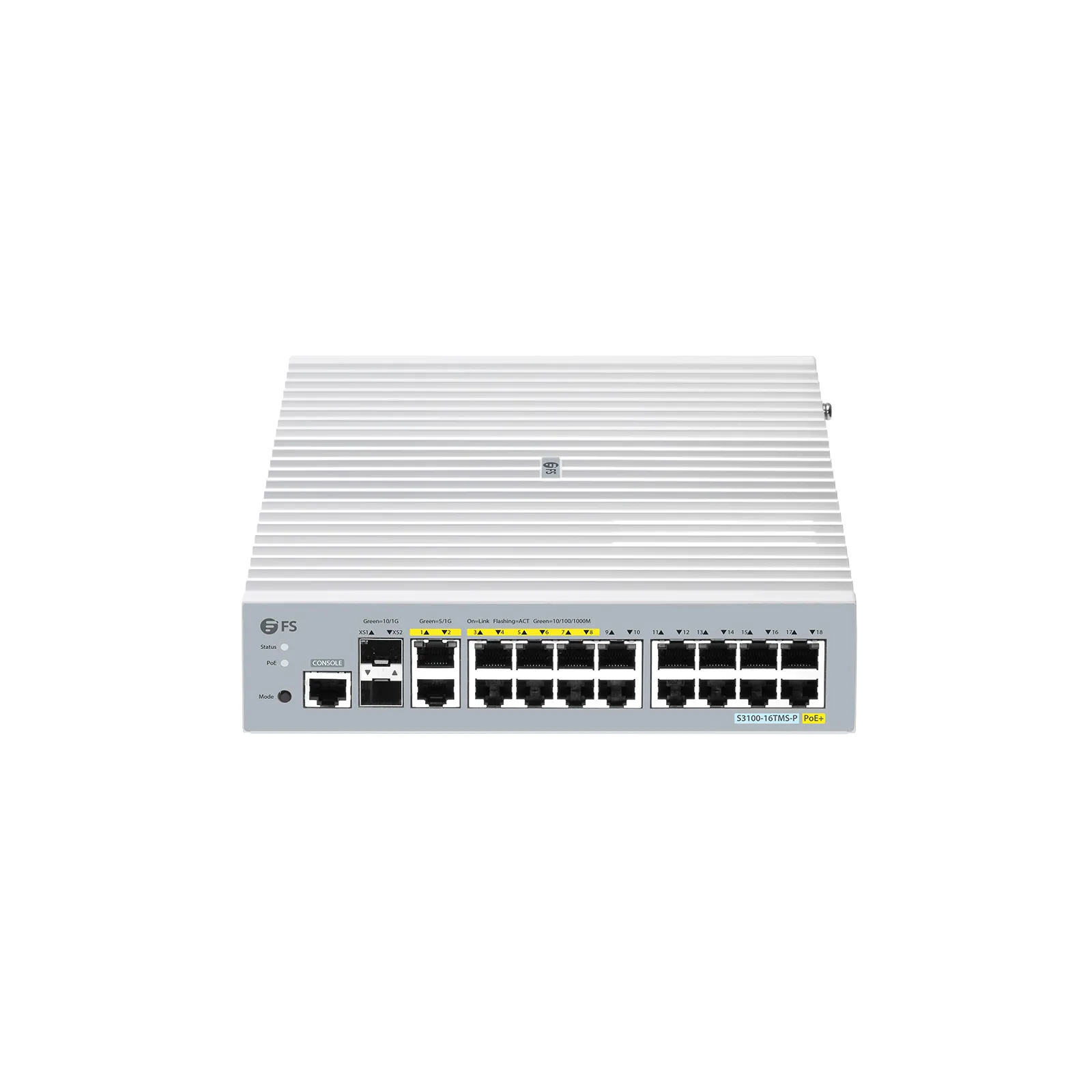 S3100-16TMS-P, 16-Port Gigabit Ethernet L2+ PoE+ Switch, 6 x PoE+ Ports, 2 x 5Gb PoE+ Ports@125W, 10 x 1Gb RJ45, with 2 x 10Gb SFP+ Uplinks, Broadcom Chip, Fanless<br/> This picture is about 3.