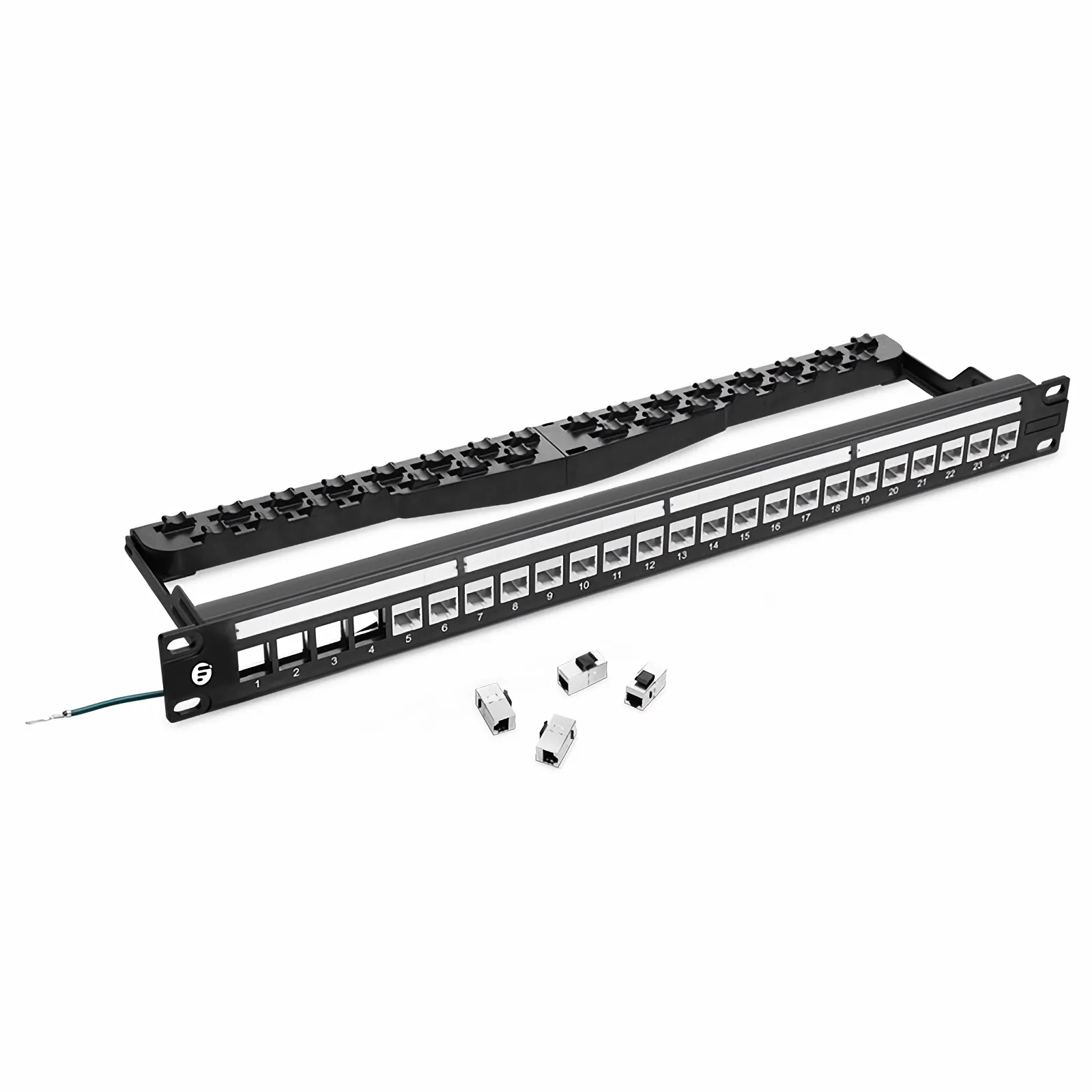 Cat5e Shielded Coupler Patch Panel, 24-Port, 1RU, Cable Management Bar Included