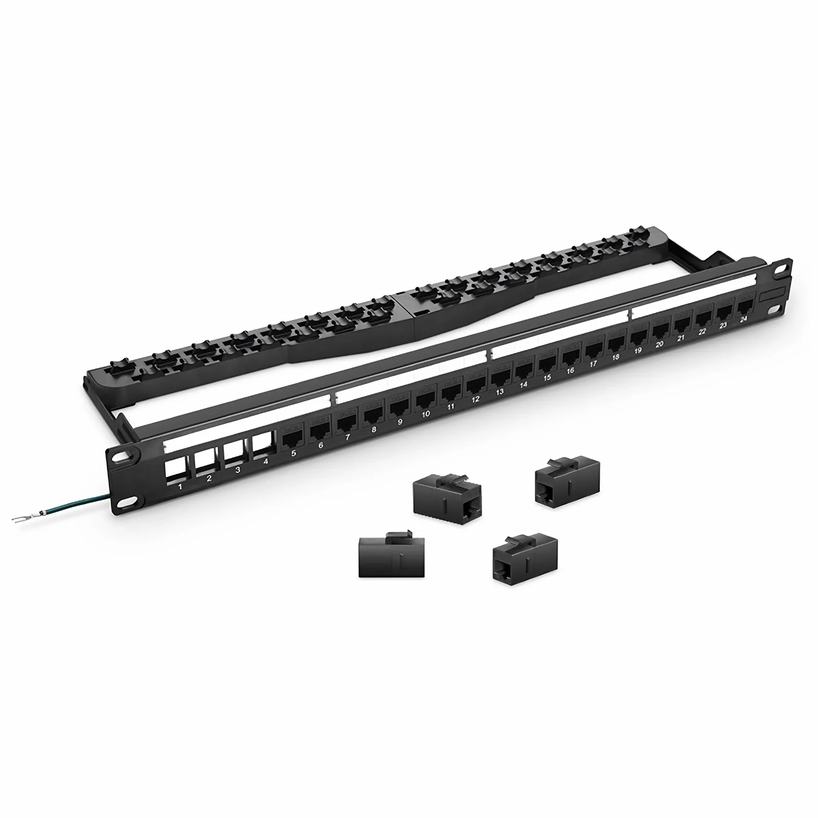 Cat5e Unshielded Coupler Patch Panel, 24-Port, 1RU, Cable Management Bar Included