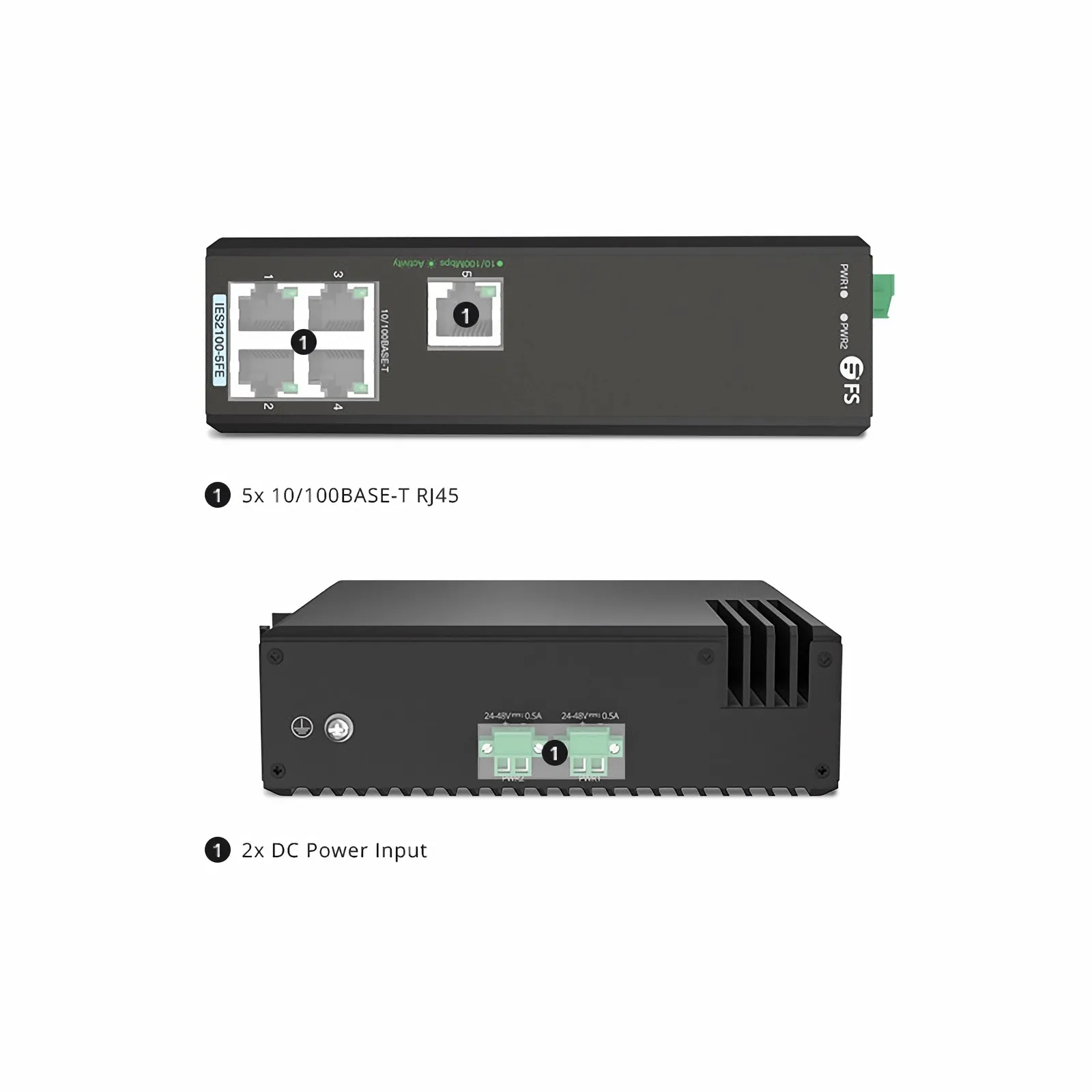 IES2100-5FE, 5-Port Fast Ethernet L2 Unmanaged Industrial Switch, 5 x 10/100BASE-T, -40 to 75&deg;C Operating Temperature