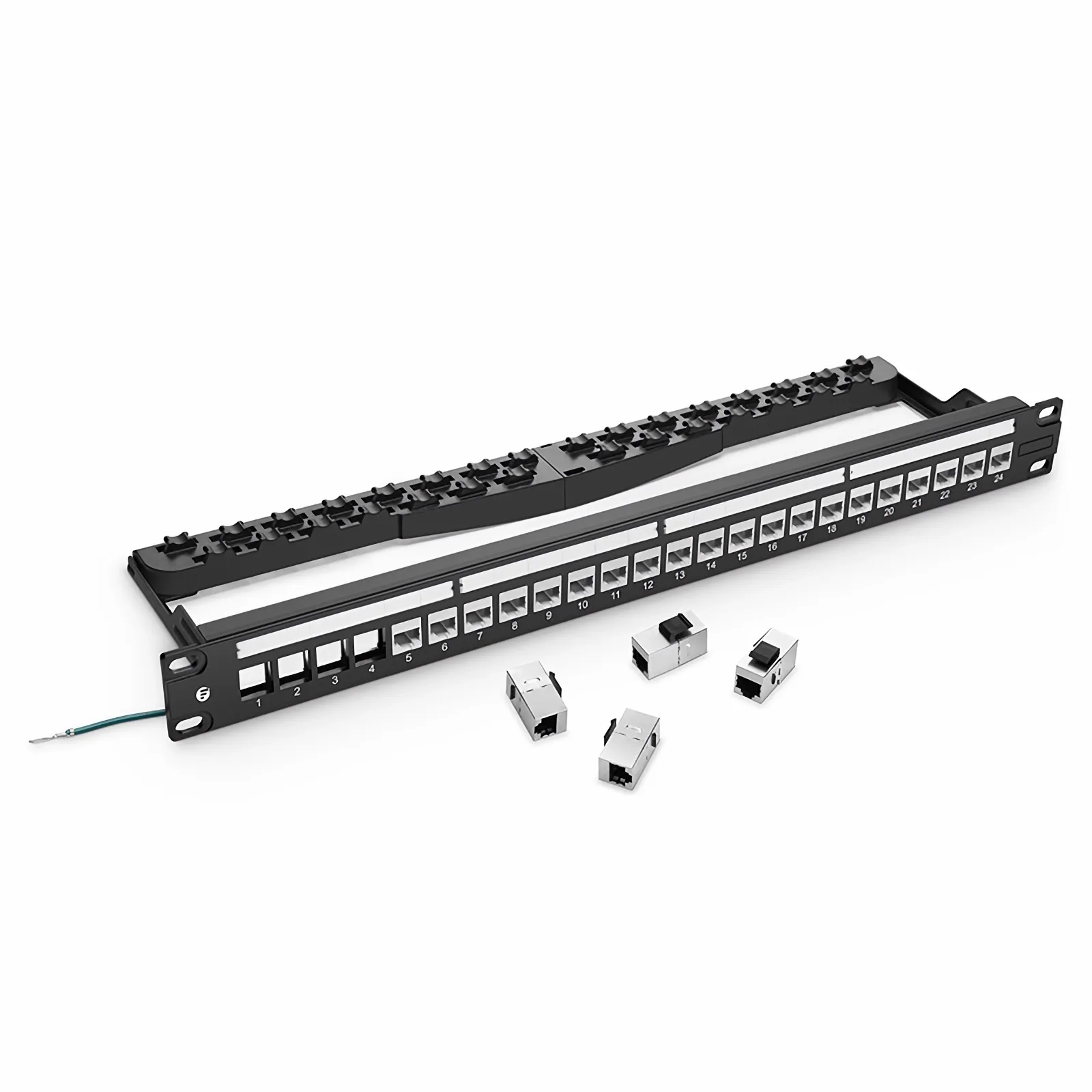 Cat6a Shielded Coupler Patch Panel, 24-Port, 1RU, Cable Management Bar Included