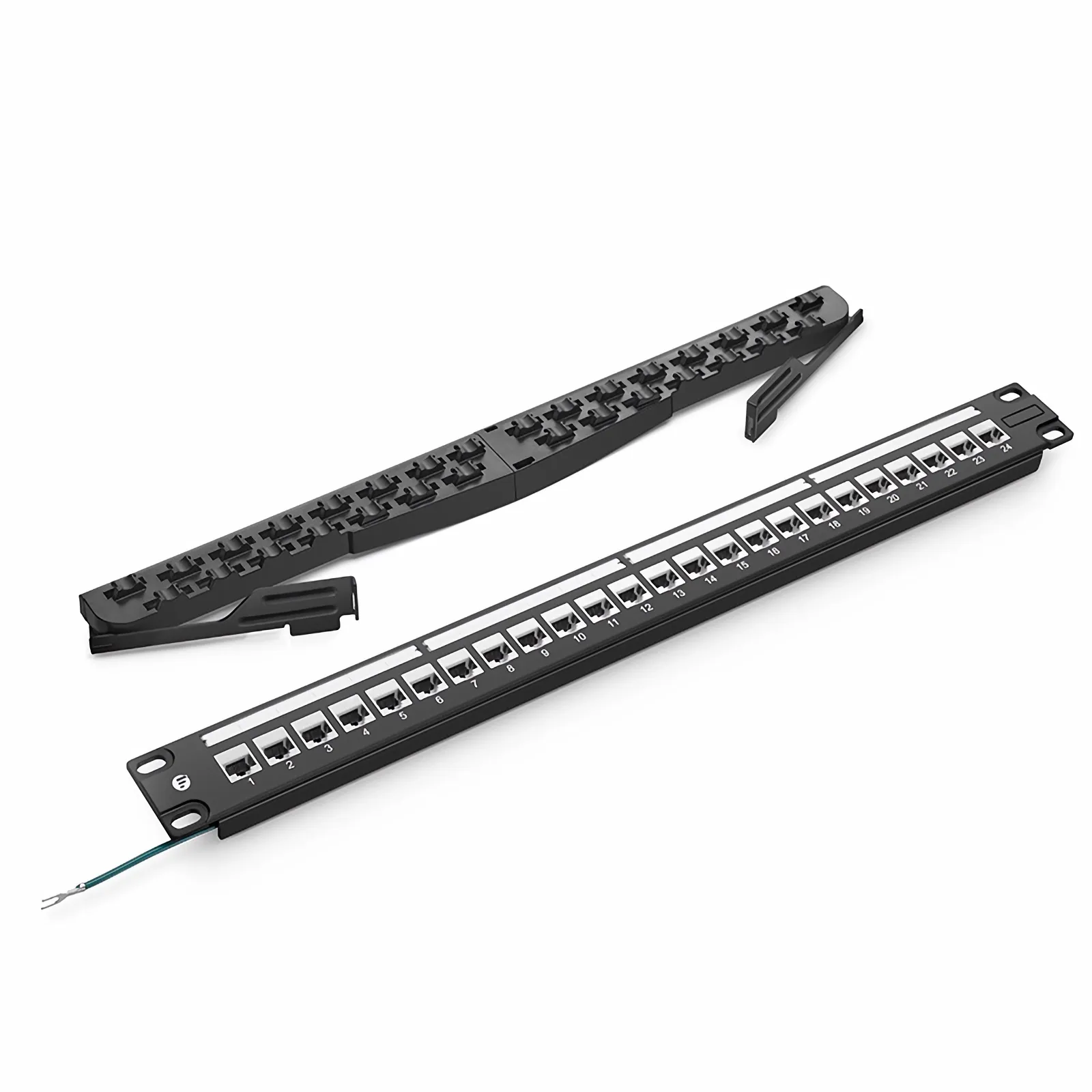 Cat6a Shielded Coupler Patch Panel, 24-Port, 1RU, Cable Management Bar Included