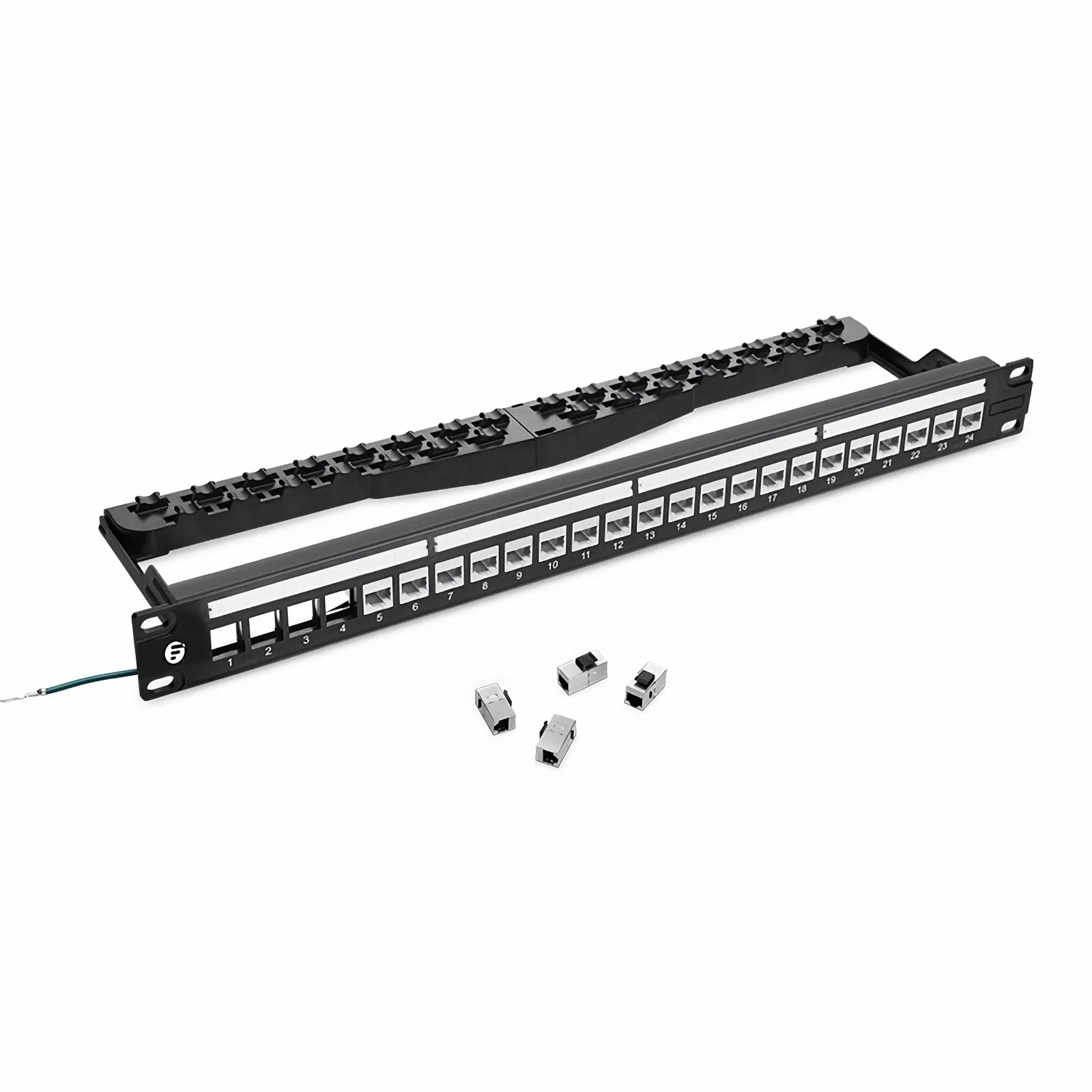 Cat6 Shielded Coupler Patch Panel, 24-Port, 1RU, Cable Management Bar Included