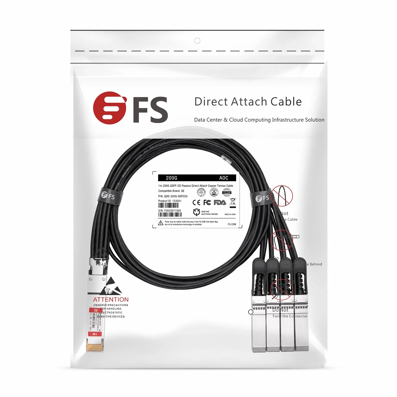 2m (7ft) Generic Compatible 200G QSFP-DD 8 x 25G NRZ to 8 x 25G