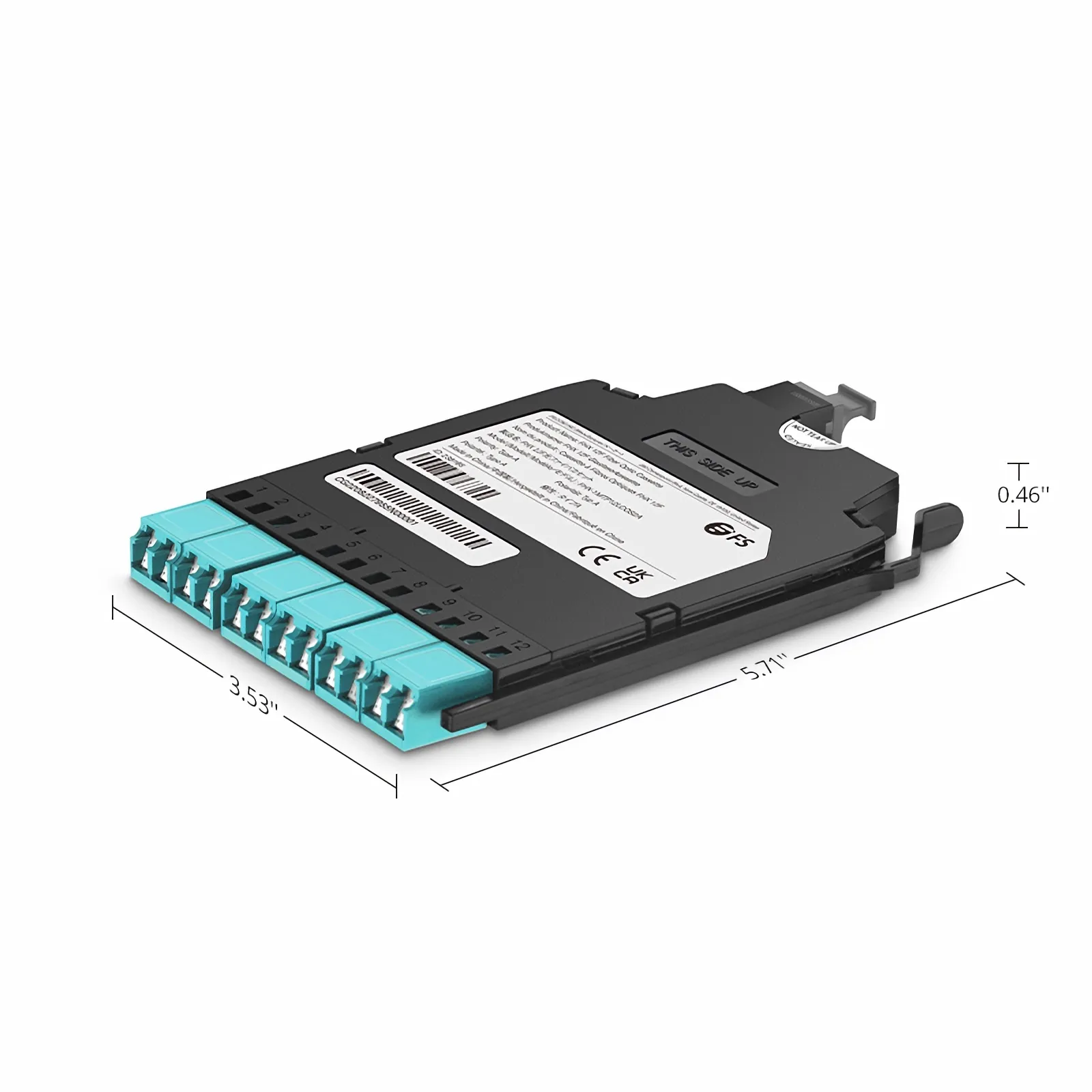 FHX&reg; MTP&reg;-LC Cassette, OM4 Multimode, Type A, 12 Fibers, MTP&reg;-12 (Male) to 6 x Shuttered LC Duplex (Aqua), 0.35dB Max.