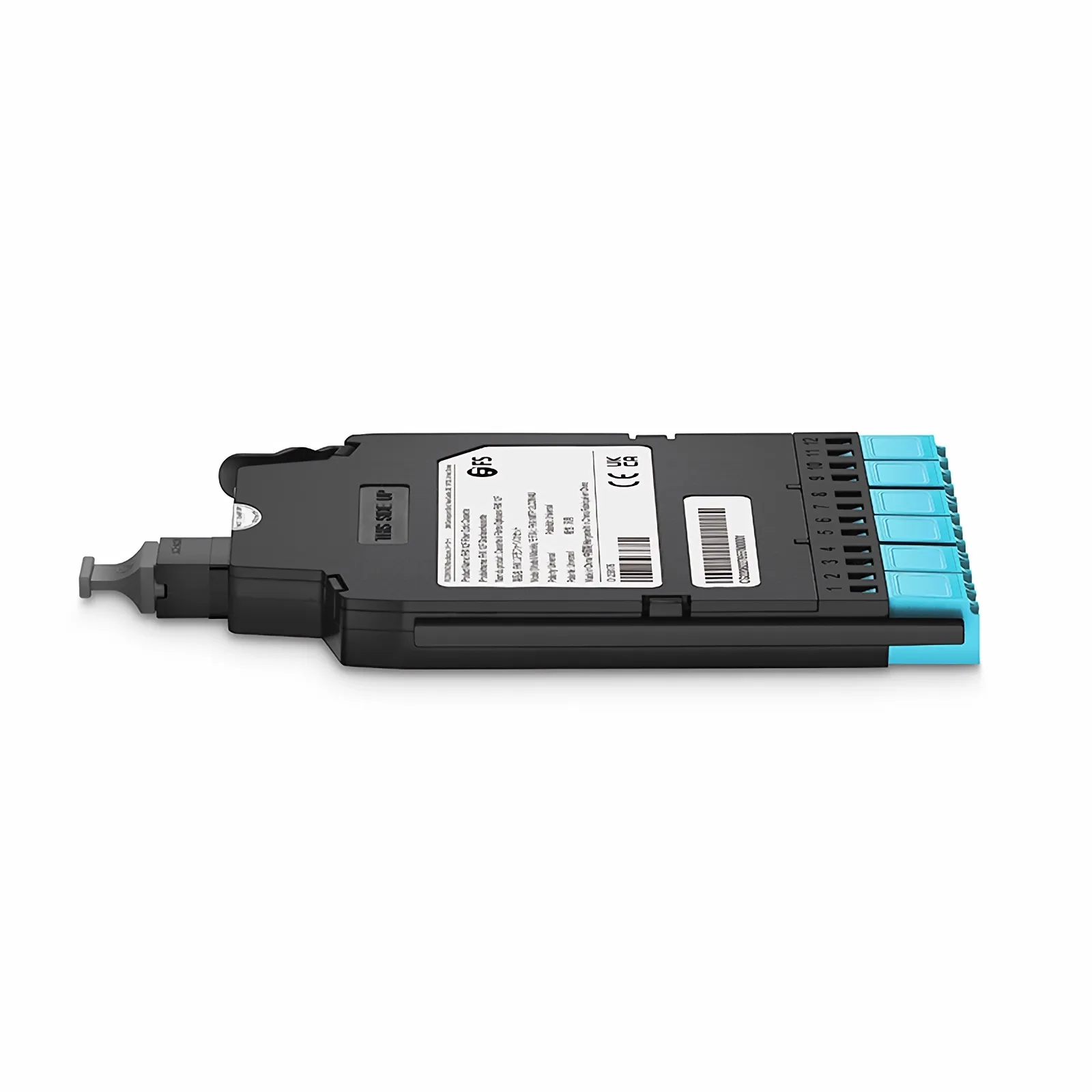 FHX® MTP®-LC Cassette, OM4 Multimode, Universal, 12 Fibers, MTP®-12 (Male) to 6 x Shuttered LC Duplex (Aqua), 0.35dB Max.