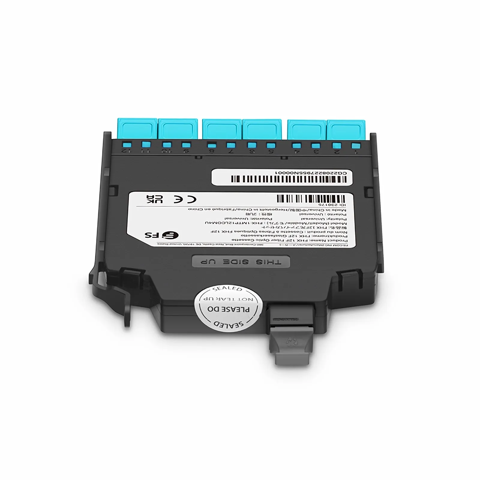 FHX® MTP®-LC Cassette, OM4 Multimode, Universal, 12 Fibers, MTP®-12 (Male) to 6 x Shuttered LC Duplex (Aqua), 0.35dB Max.