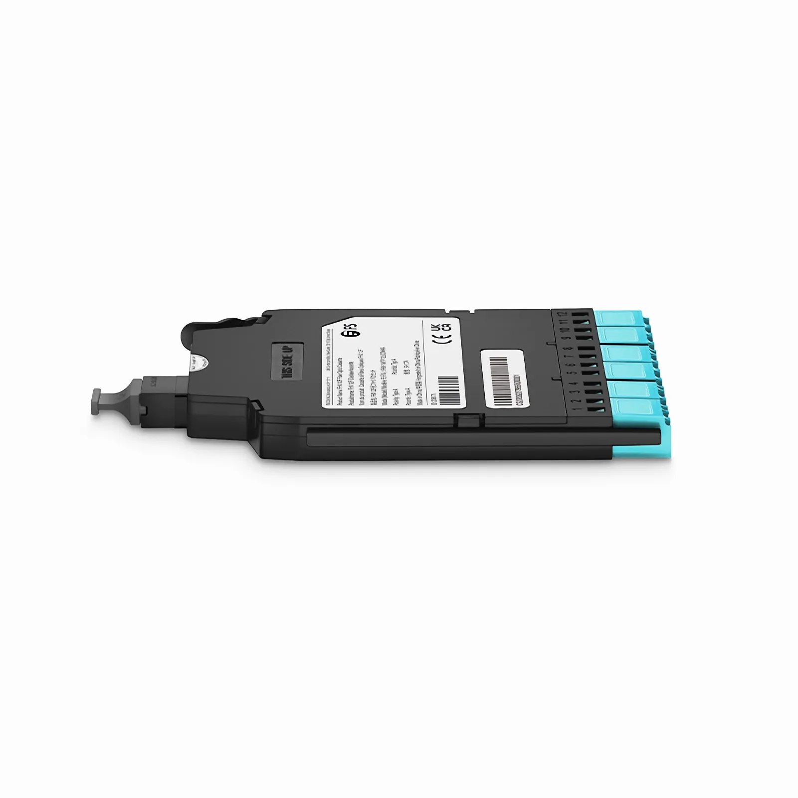 FHX&reg; MTP&reg;-LC Cassette, OM4 Multimode, Type A, 12 Fibers, MTP&reg;-12 (Male) to 6 x Shuttered LC Duplex (Aqua), 0.35dB Max.