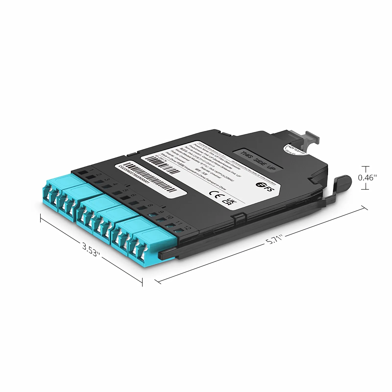 FHX® MTP®-LC Cassette, OM4 Multimode, Universal, 12 Fibers, MTP®-12 (Male) to 6 x Shuttered LC Duplex (Aqua), 0.35dB Max.