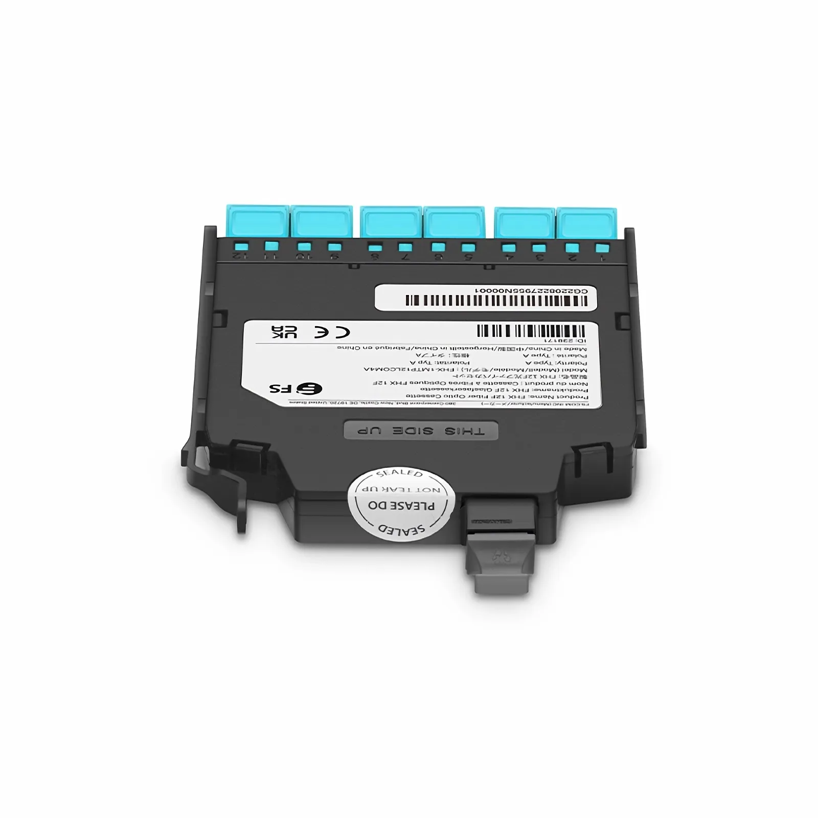 FHX&reg; MTP&reg;-LC Cassette, OM4 Multimode, Type A, 12 Fibers, MTP&reg;-12 (Male) to 6 x Shuttered LC Duplex (Aqua), 0.35dB Max.