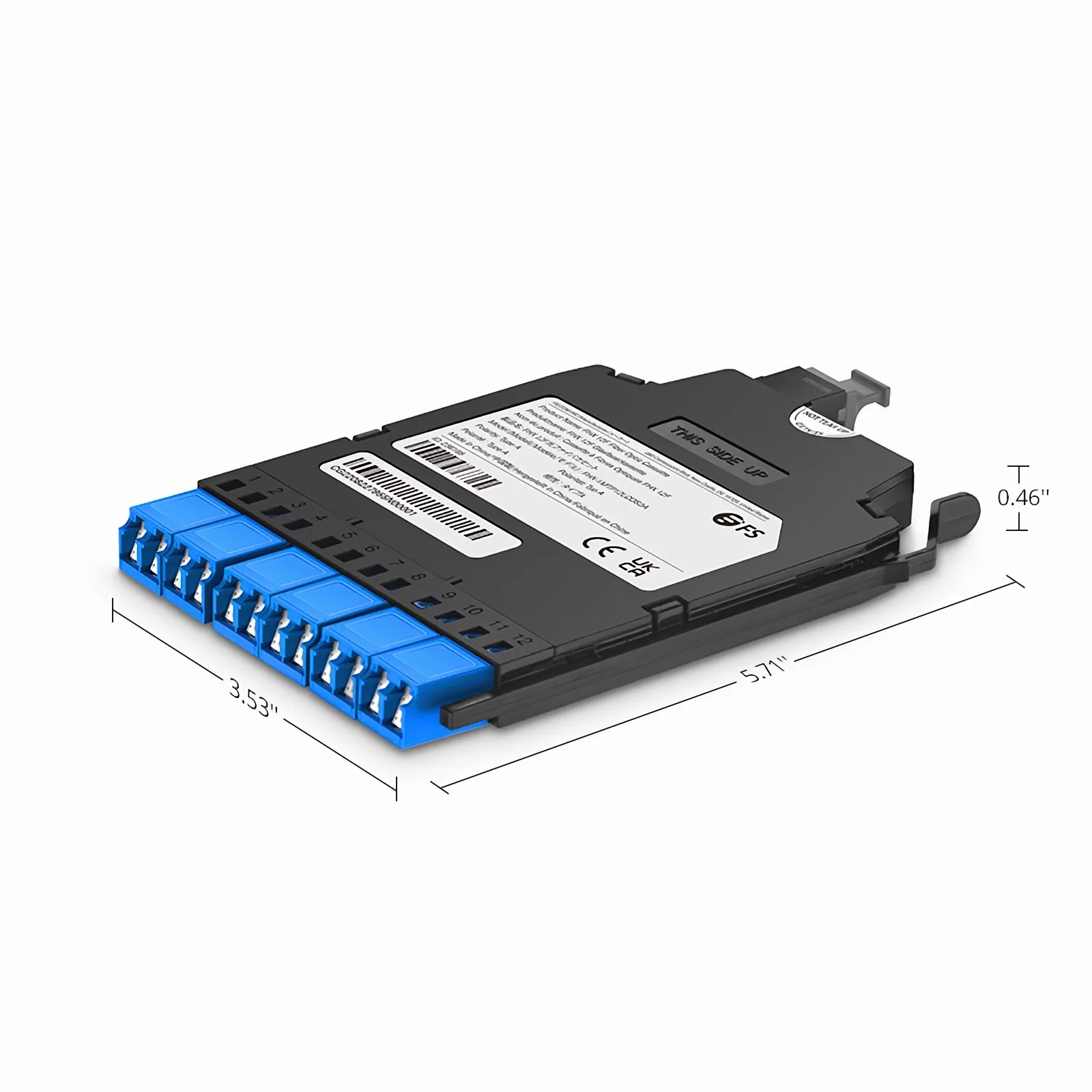 FHX&reg; MTP&reg;-LC Cassette, OS2 Single Mode, Type A, 12 Fibers, MTP&reg;-12 (Male) to 6 x Shuttered LC Duplex (Blue), 0.35dB Max.
