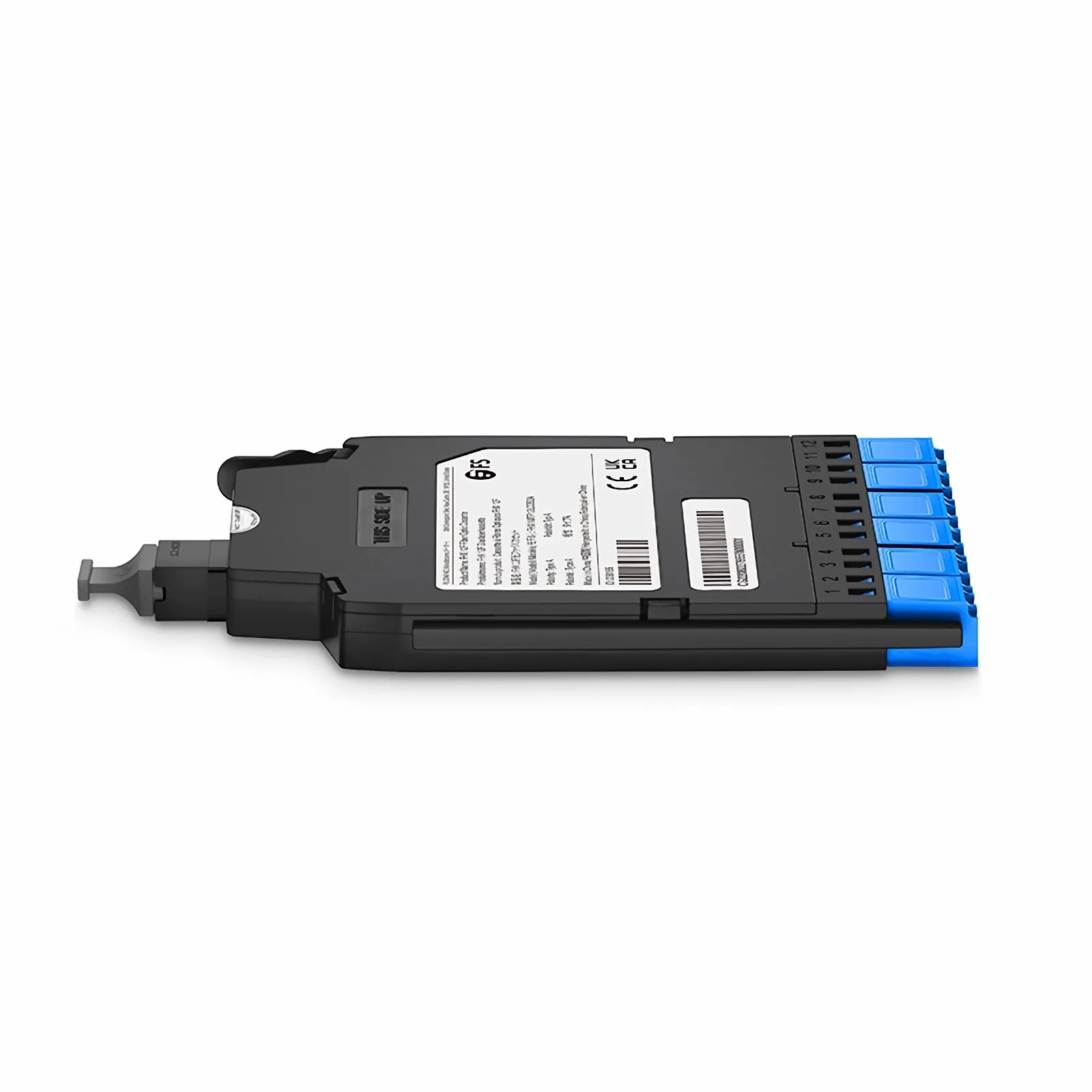 FHX&reg; MTP&reg;-LC Cassette, OS2 Single Mode, Type A, 12 Fibers, MTP&reg;-12 (Male) to 6 x Shuttered LC Duplex (Blue), 0.35dB Max.