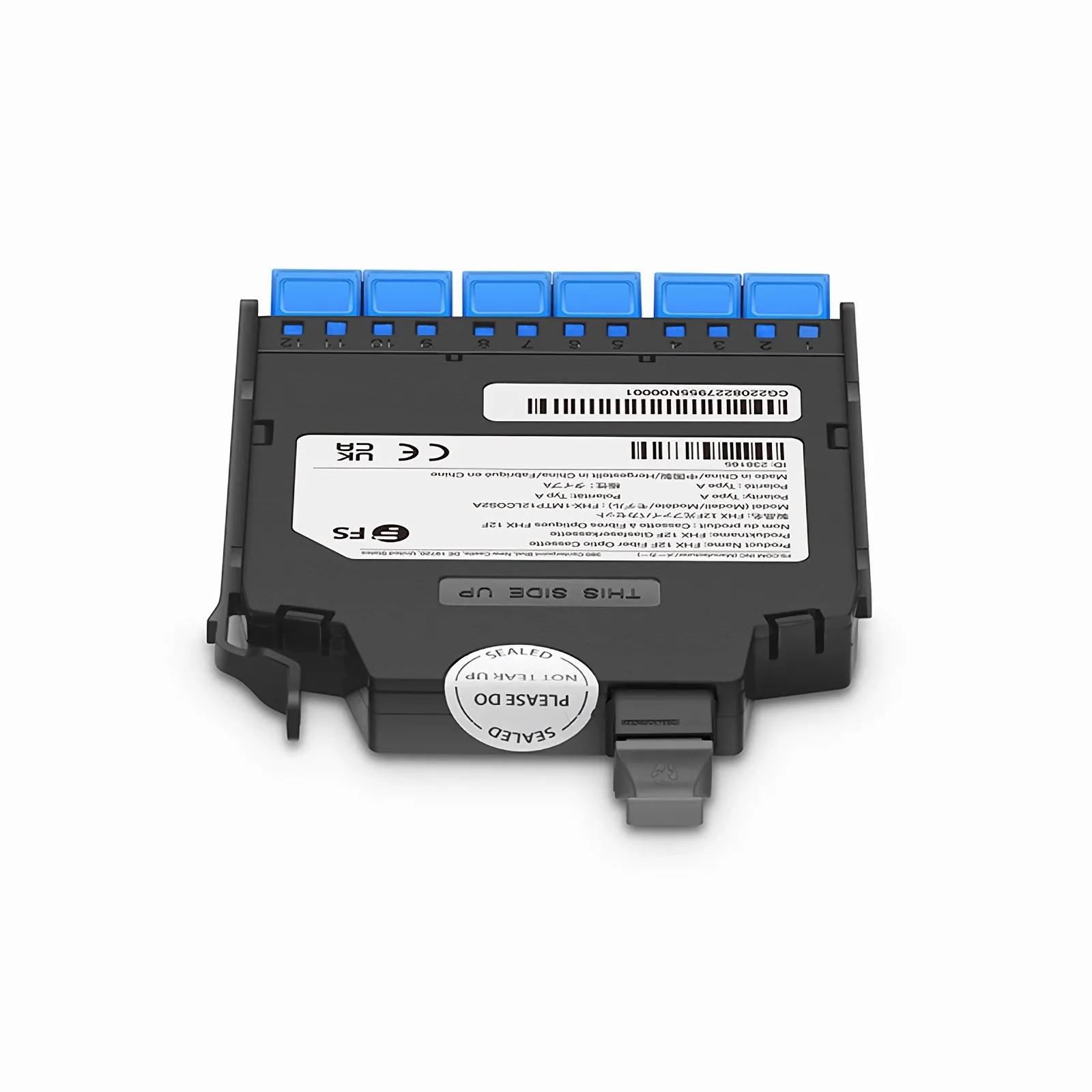 FHX&reg; MTP&reg;-LC Cassette, OS2 Single Mode, Type A, 12 Fibers, MTP&reg;-12 (Male) to 6 x Shuttered LC Duplex (Blue), 0.35dB Max.