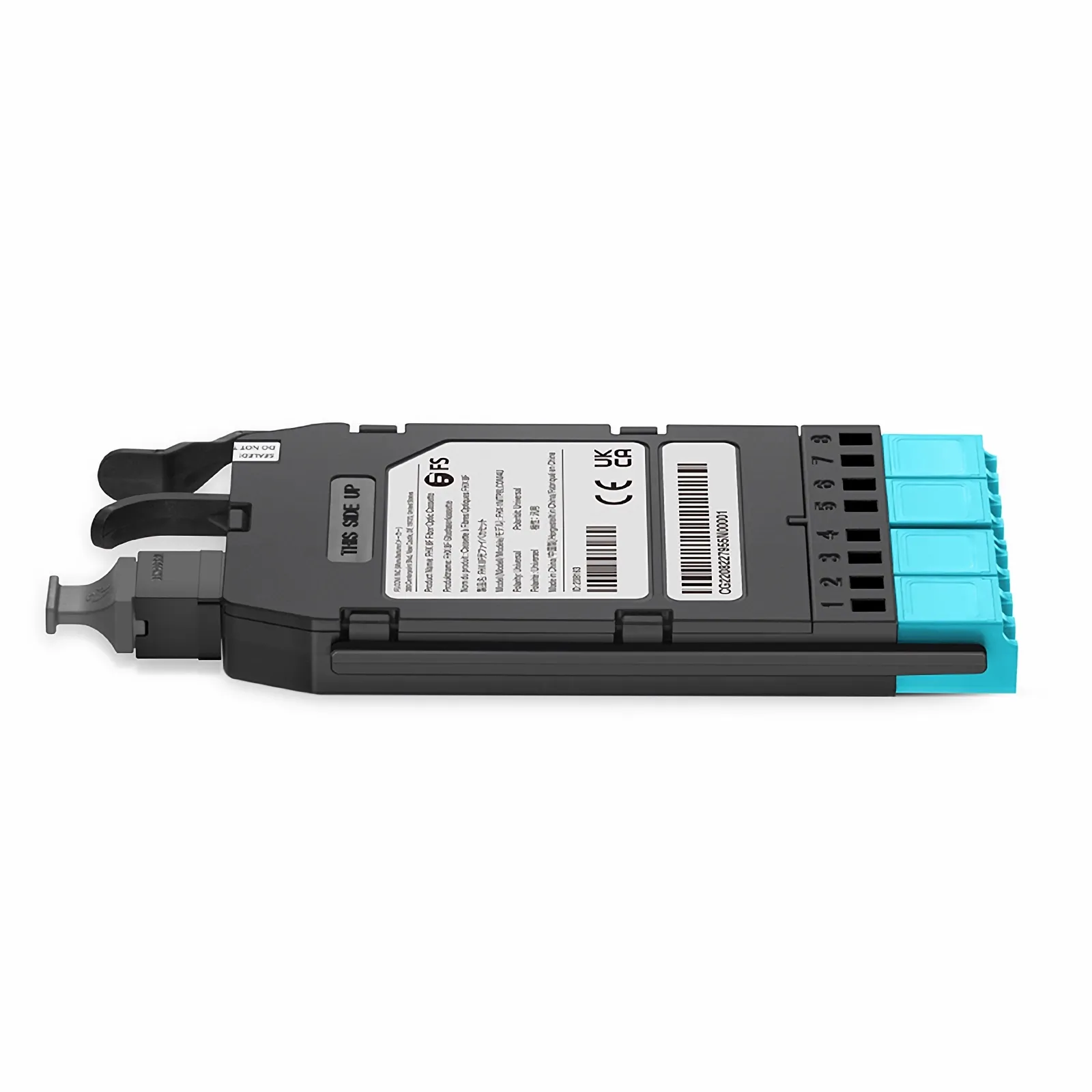 FHX® MTP®-LC Cassette, OM4 Multimode, Universal, 8 Fibers, MTP®-8 (Male) to 4 x Shuttered LC Duplex (Aqua), 0.35dB Max.