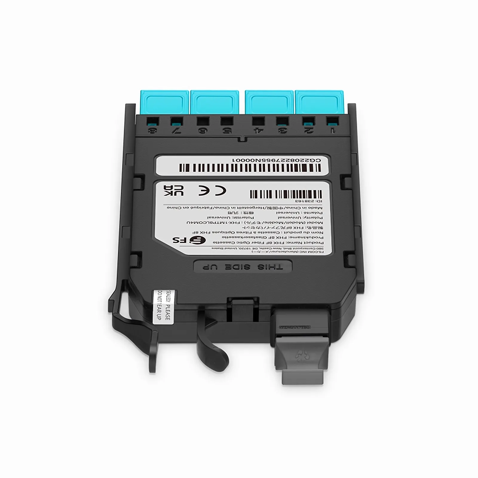 FHX® MTP®-LC Cassette, OM4 Multimode, Universal, 8 Fibers, MTP®-8 (Male) to 4 x Shuttered LC Duplex (Aqua), 0.35dB Max.