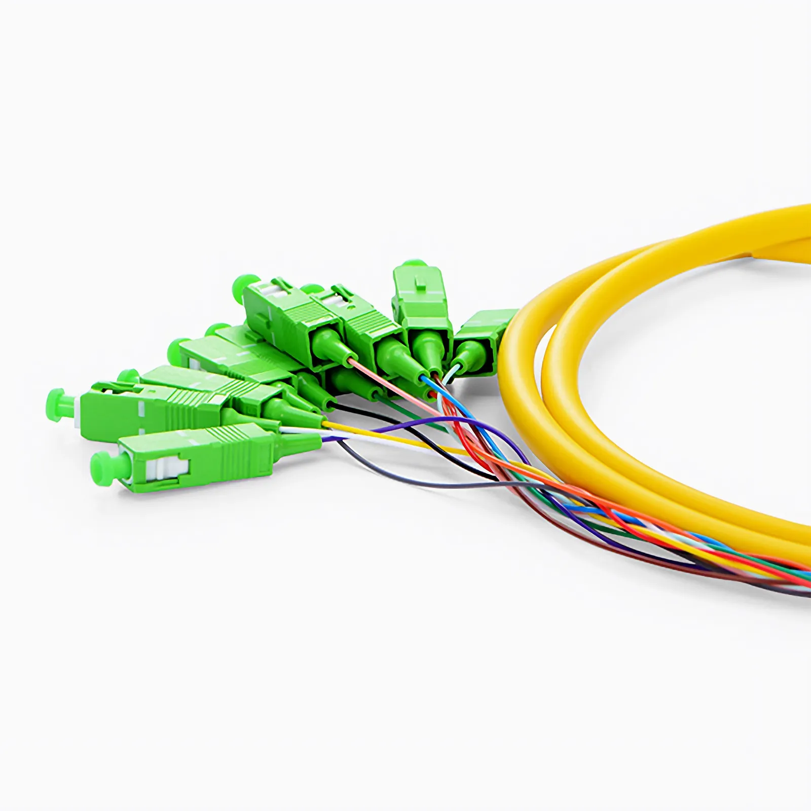 1.5m (5ft) Fiber Pigtail, SC APC to Unterminated, 12 Fibers, Bunch, OS2 Single Mode, PVC (Unrated), 0.9mm, Yellow
