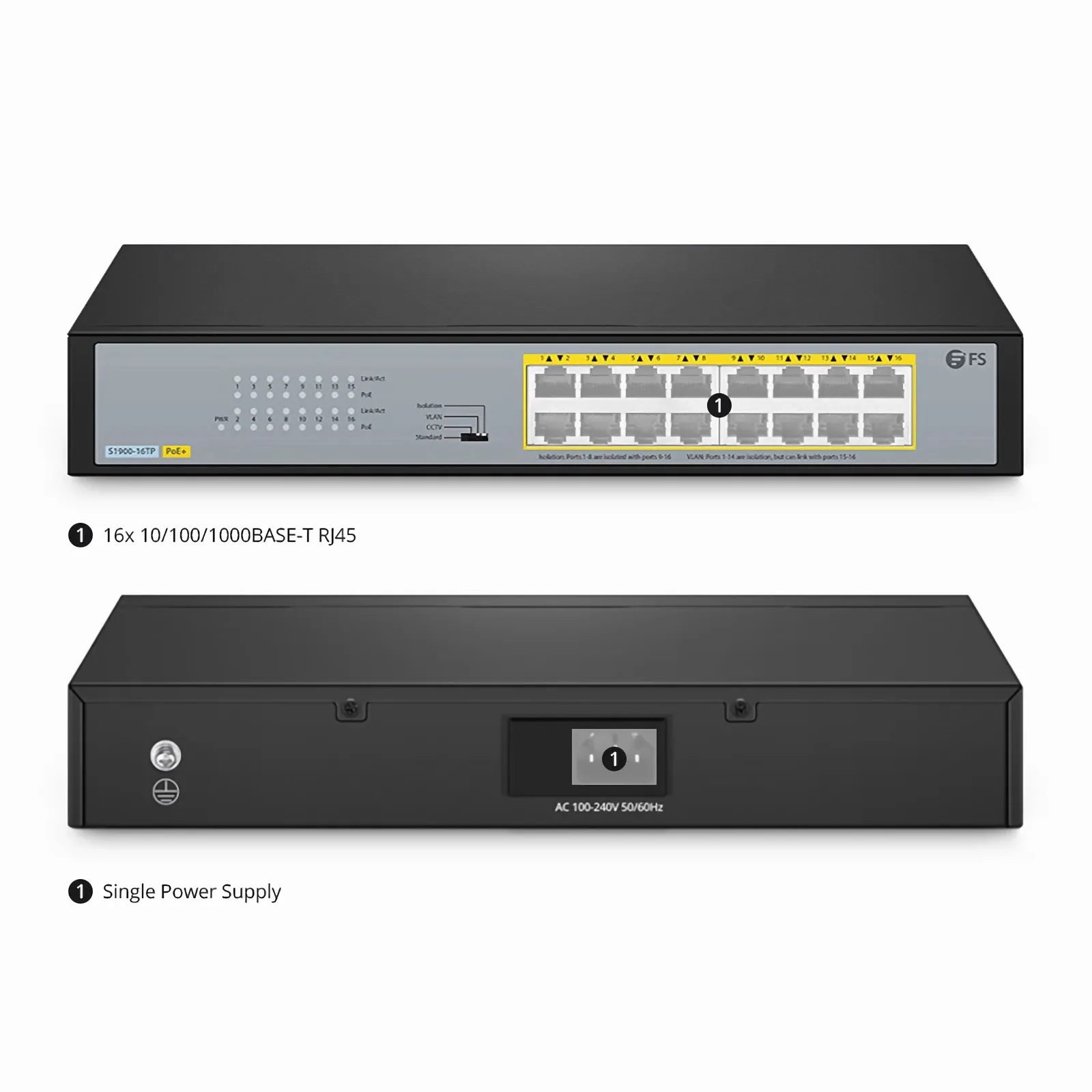 S1900-16TP, 16-Port Gigabit Ethernet L2 Unmanaged PoE+ Switch, 16 x PoE+ Ports@135W, Fanless, Desktop/Rackmount