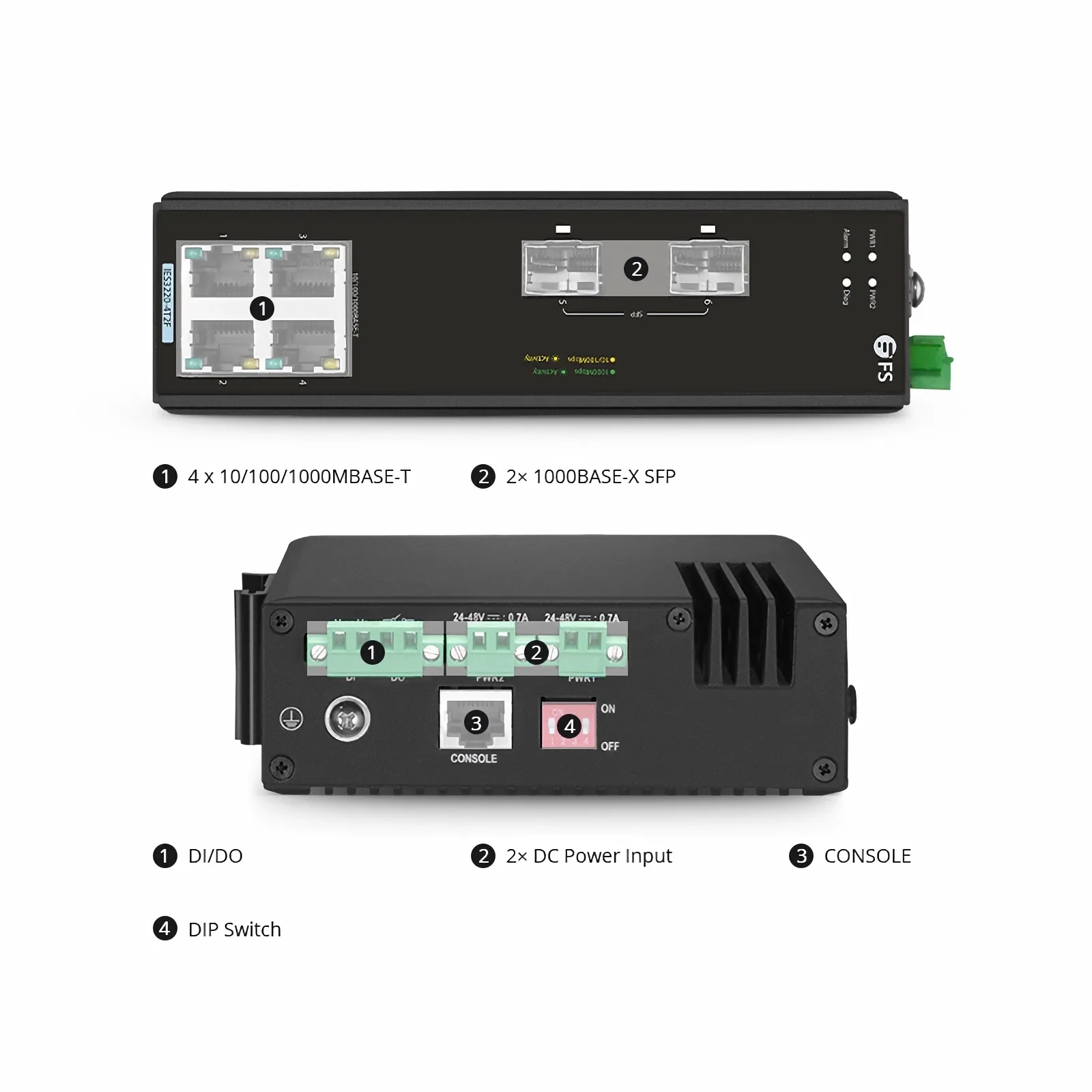 IES3220-4T2F, 4-Port Gigabit Ethernet L2+ Managed Industrial Switch, 4 x 10/100/1000BASE-T, with 2 x 1Gb SFP, -40 to 75°C Operating Temperature