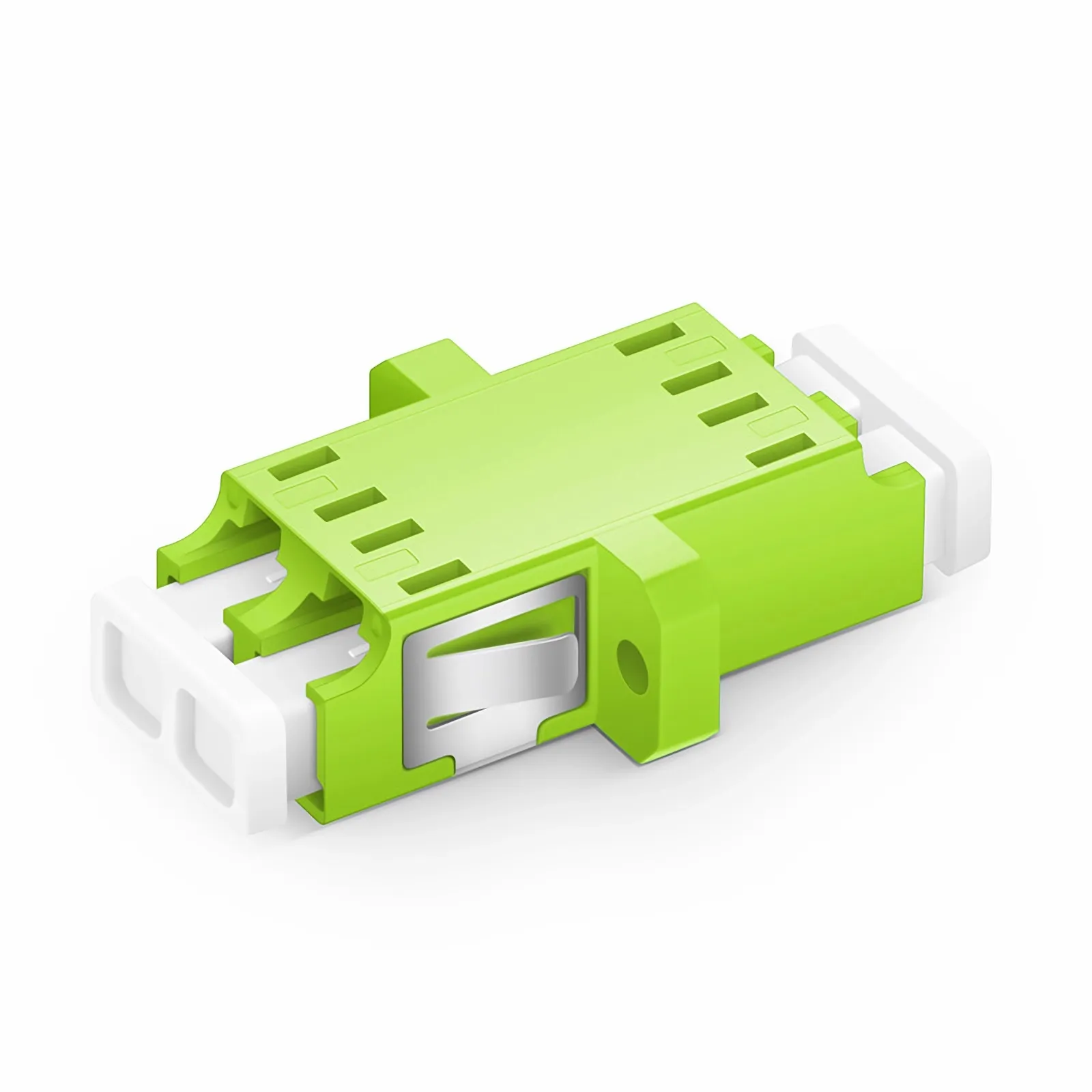 This picture is about The picture shows that the OM5 adapter is flat, tilted 45, with the bottom facing up, and the dust cap removed..