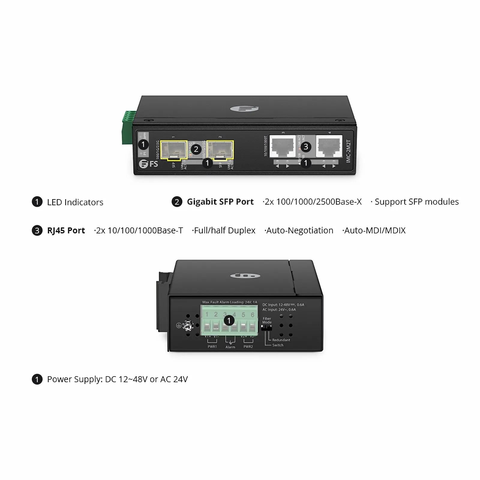 産業用アンマネージド 2x 10/100/1000Base-TイーサネットRJ45 to 2x