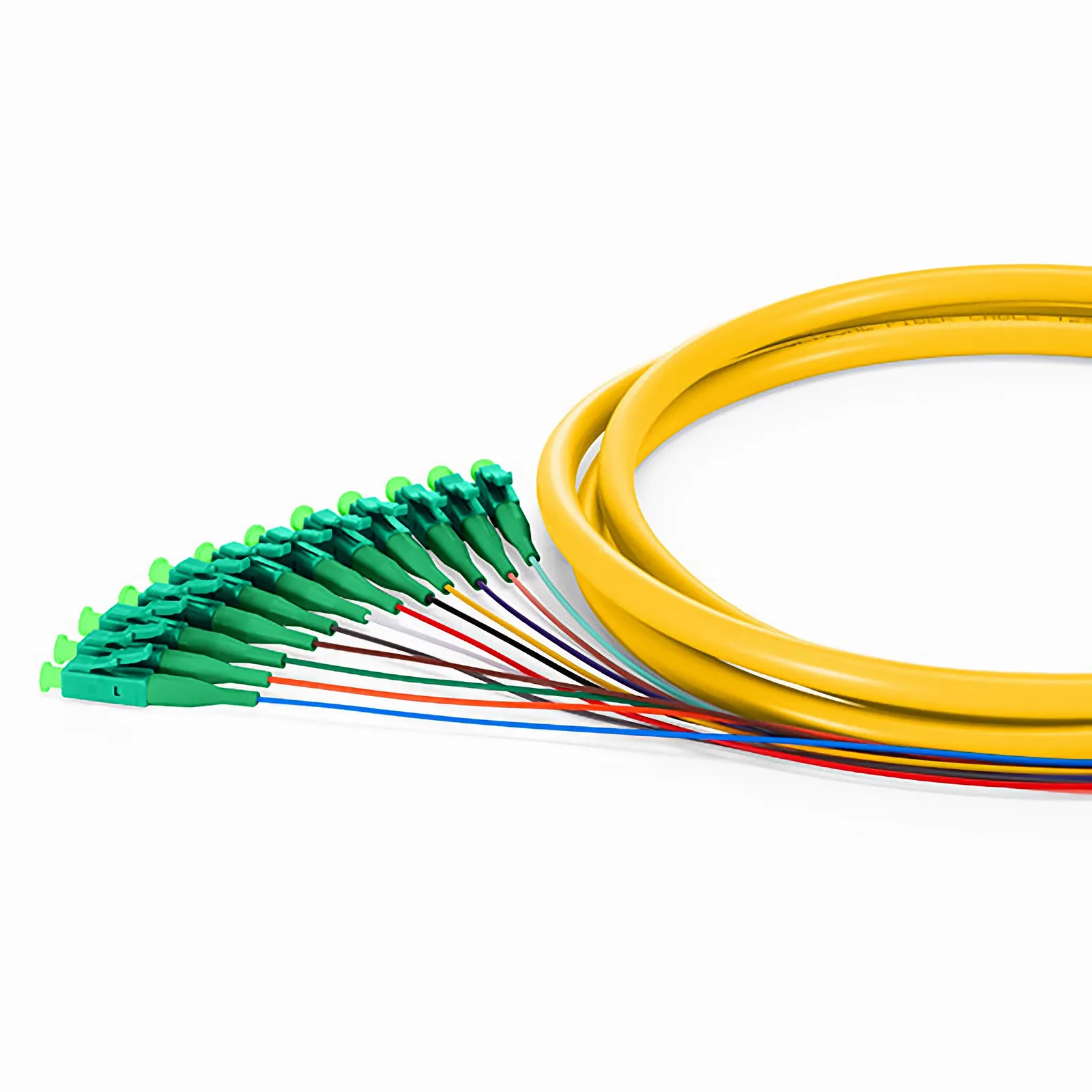 1.5m (5ft) Fiber Pigtail, LC APC to Unterminated, 12 Fibers, Bunch, OS2 Single Mode, PVC (Unrated), 0.9mm, Yellow